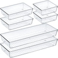 Criusia 6 Pcs Large Size Clear Drawer Organizer Set, Acrylic Non Slip Non Cracking Kitchen Drawer Storage Tray Divider, Multifunctional Storage for Cosmetics, Bathroom, Tools, Kitchen and Office - size: 6 PACK