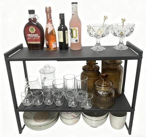 2 Tier Expandable Cabinet Shelf Organizer 14.5-25" L Kitchen Counter Shelf Rack Stand Sink Riser Countertop Storage Black (Normal 7.9”D) - color: Black, size: 7.9"D (normal) - 2 Tier
