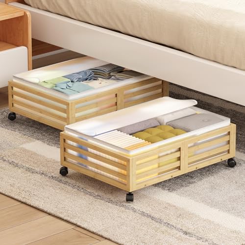 Under Bed Storage Containers With Wheels - 2 Pcs Bamboo Wood Rolling Underbed Shoe Storage Bins With Dust Bags for Clothes Blankets, Duvet Covers Snacks Toys (Natural) - color: Nature, size: M
