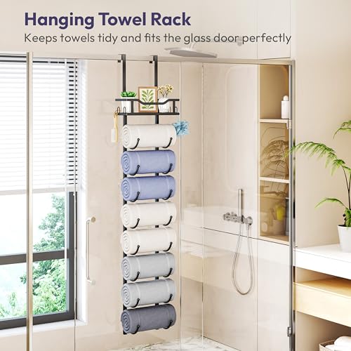 SWTYMIKI Over the Door Towel Rack - 9 Tier Towel Racks for Bathroom Wall Mounted, Towel Holder with Shelf, Hanging Rolled Towel Storage Organizer for Small Bathroom, Camper, RV, Black - color: Black, size: 9 Tier