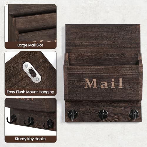 Mail and Key Holder - Decorative 9.8" x 12.5" Wall Key Hanger with 2 Mail Organizer Slots and 3 Hooks - Real Paulownia Wood with Keyhole Brackets, Hardware and Instructions (Brown) - color: Brown