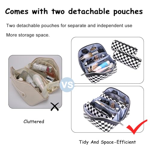 BOYATU Travel Makeup Bag Cosmetic Bags for Women: Large Make up Bags Set of 3 - Portable Makeup Organizer with Compartments&Handle&Divider - Waterproof PU Leather Toiletry Bag(A-5-Checkered Mix Black) - color: A-911-Checkered Mix Black