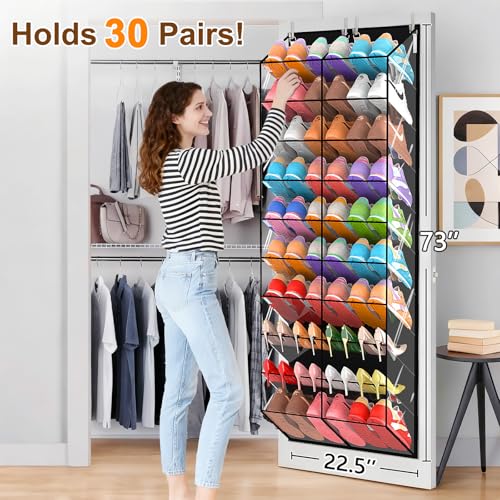 20-30 Pairs Over the Door Shoe Organizer, Transparent PVC Hanging Shoe Rack for Closet, 10-Tier Door Shoes Storage, Crystal-Clear Visibility Fit All the Family's Sneakers, Boots, Heels, Black Frame - color: Black & Clear