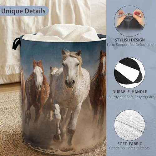 Running Horse Laundry Hamper,Dirty Clothes Laundry Basket with Handles Waterproof Oxford Cloth Storage Basket for College Dorms Bathroom Bedroom 16" x 20.8" - color: Running Horse