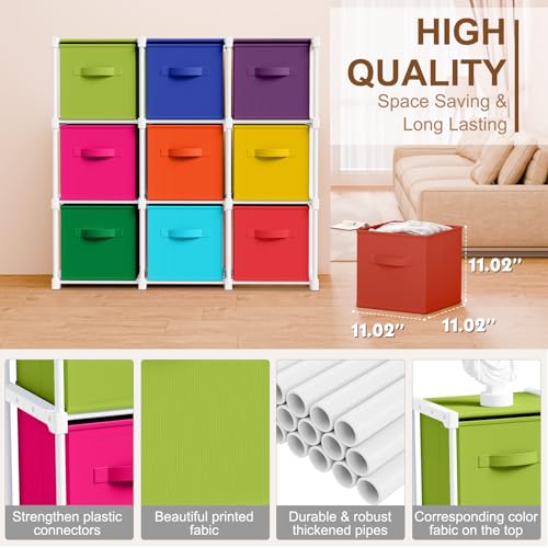 Briwooody 9 Cube Storage Organizer Bins with Shelf 11'' Toy Storage Box Back to School Dorm Organizers Fabric Unit for Playroom Book (Multicolor) - color: Multicolor