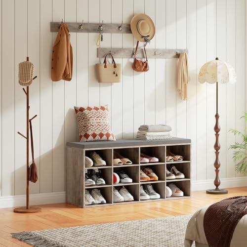 HOOBRO Shoe Storage Bench with Cushion, 39.4" L Entryway Bench with 12 Cubbies, Entryway Hall Tree with Storage, Shoe Cabinet with Coat Rack for Bedroom, Hallway, Holds up to 330 lb, Gray GY112HX01 - color: Grey