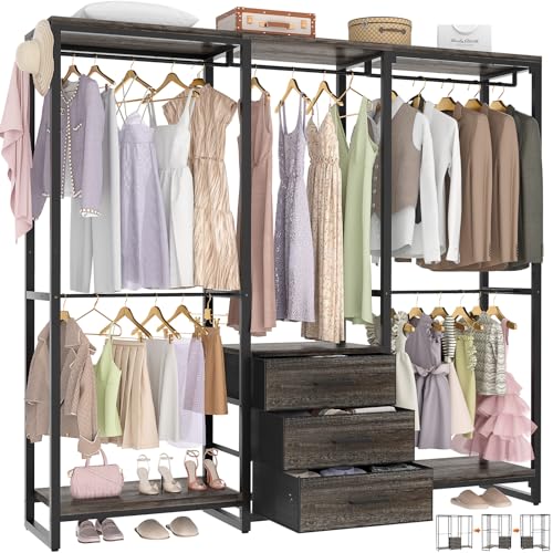 Aheaplus Garment Rack Heavy Duty Clothes Rack for Hanging Clothes,Clothing Rack with Drawers, Wood Stoarge Shelf Wardrobe Rack, Freestanding Closet Corner L Shaped Closet System Organizers,Black Oak - color: Black Oak