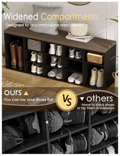DINZI LVJ Shoe Storage Bench with Cushion, 15-Cubby Shoe Rack, Adjustable Shelves, Long Shoe Organizer Bench for Entryway, Mudroom, Hallway, Living Room, Bedroom and Garage, Espresso - color: Espresso, size: 15 Cubby