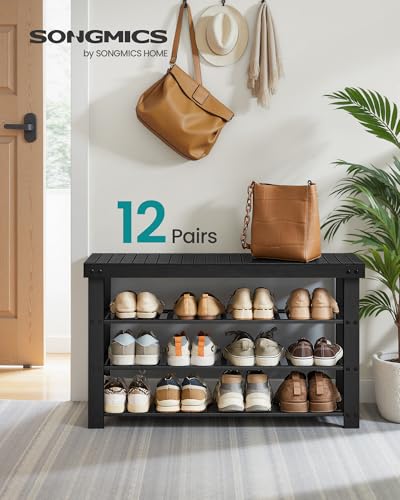 SONGMICS Shoe Rack Bench, 4 Tier Bamboo Shoe Storage Organizer, Entryway Bench, for Living Room, Bathroom, Bedroom, 11.3 x 35.2 x 20.5 Inches, Ink Black ULBS390BH01 - color: Ink Black, size: 11.3"D x 35.2"W x 20.5"H