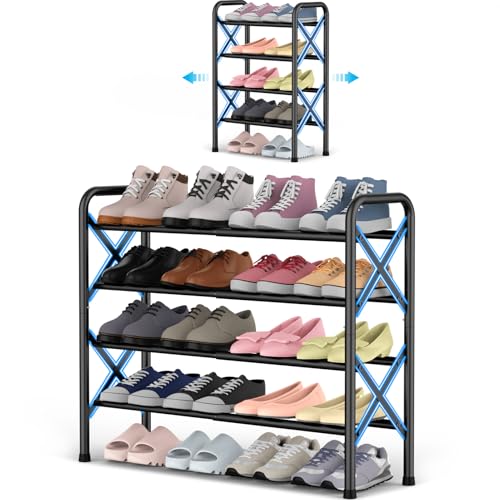 YEASHEIN 4-Tier Expandable Shoe Rack for Closet Floor, X-Frame Metal Small Shoe Rack for Entryway, Adjustable Shoe Shelf Organizer, Free Standing Shoe Racks for Front Door Entrance, Garage - Black - color: Black, size: 4 Tier