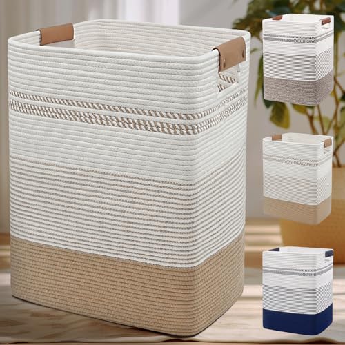DOFASAYI Laundry Hamper - 85L Large Laundry Basket with Leather Handles, Decorative Storage Basket for Blankets - Clothes Hamper for Living Room, Bedroom, Jute & White - color: Jute & White, size: 85L