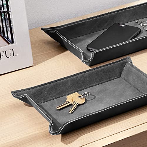 Navaris Faux Leather Valet Tray Set of 2 - Catch All Tray for Key Entryway Table Nightstand - Catchall for Keys Watch Remote Phone - Valet Storage for Men - Mens Storage Dish - color: Black