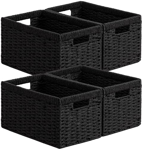 UBBCARE 4 Pack Wicker Basket, 13.4L×8.3H×7.1W inch Woven Paper Rope Storage Baskets for shelves, Foldable Rectangular Storage Baskets with Handle, Storage Basket for Organizing, Black - color: Black, size: 4pack Medium