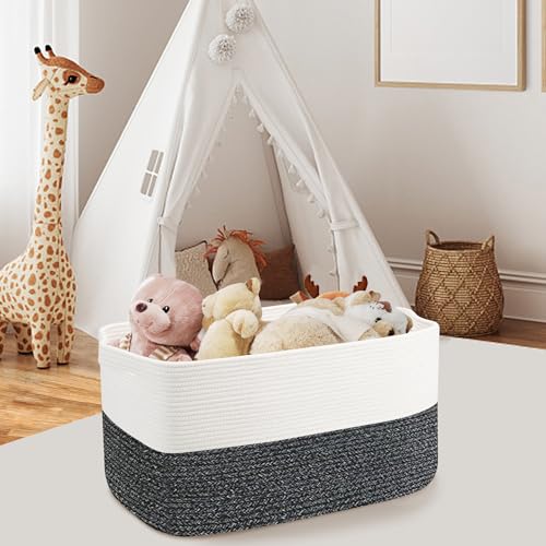 MEGASKET Extra Large Toy Box, 22" x 17" x 12" Rectangle Blanket Basket Living Room, Woven Cotton Rope Baskets for Storage, Soft Toy Storage Organizer Bin Chest, Kids Toy Box fo Living Room - color: White & Black Stripe