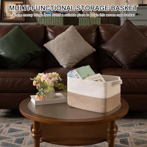OIAHOMY Woven Storage Basket for Shelves, Rectangle Cotton Rope Baskets for Organizing, 16 x 12 x 10 in, Storage Bins for Dog Toys,Towel,Books,Gift,Brown and White - color: Brown and White, size: 16"x12"x10"