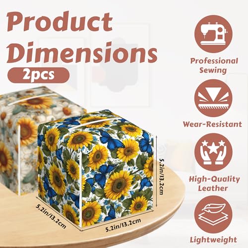 Tissue Box Holder - Sunflowers Butterfly Tissue Box Cover, Leather Square Paper Facial Decorative Tissues Cover for Bathroom Home Car Nightstand Vanity Desk, 2 Pcs - color: Sunflowers Butterfly