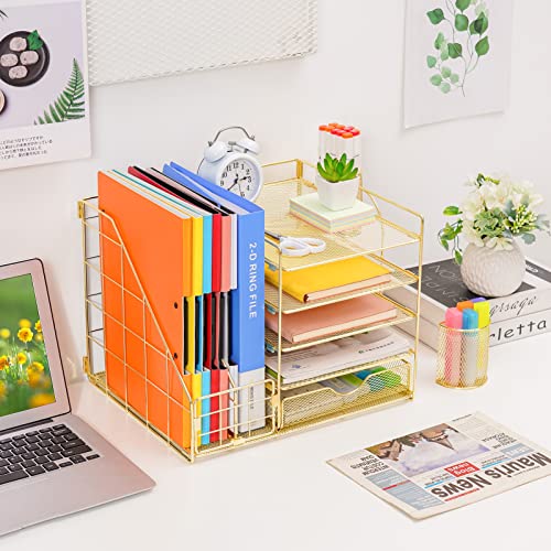 Marbrasse Desk Organizer with File Holder, 5-Tier Paper Letter Tray Organizer with Drawer and 2 Pen Holder, Mesh Desktop Organizer and Storage with Magazine Holder for Office Supplies (Gold 2p) - color: Gold 2p