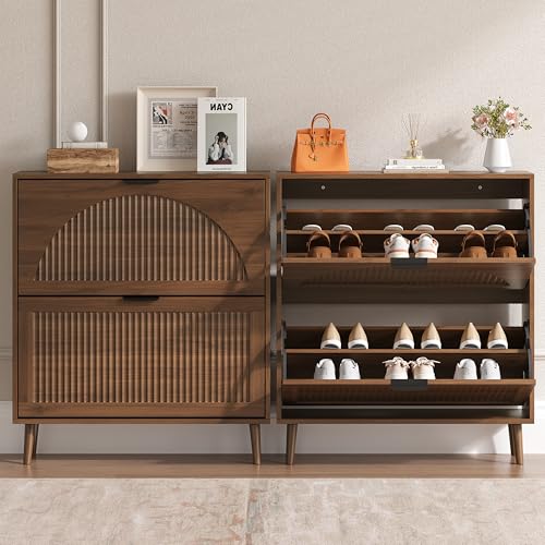 BORNOON Shoe Cabinet for Entryway with 2 Flip Drawers, Slim Wooden Shoe Storage Organizer with Modern Fluted Pannel，Freestanding Narrow Hidden Shoe Rack for Hallway, Foyer, Living Room - color: Walnut, size: 2 Flip Drawers
