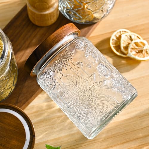 Adodeen 24oz Vintage Glass Canister With Lid Small Glass Jars Wide Mouth Mason Jars Airtight Coffee Canisters Kitchen Storage Containers For Sugar Tea Spice Flour Candy Cookie Cereal Cute Decorative - color: Sunflower-24oz
