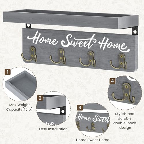 buways Key Holder Wall Mount with 4 Double Hooks-Solid Wood Wall-Mounted Organizer for Keys&Mail Rustic Key Rack Hanger Holder Home Decor for Entryway Living Room (Gray) - color: Gray