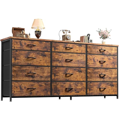 Romorgniz 55" Dresser for Bedroom with 12 Fabric Drawers, Entertainment Center for 60 inch TV Dressers & Chests of Drawers Large Organizer, Living Room, Metal Frame, Wood Top, Rustic Brown - color: Rustic Brown