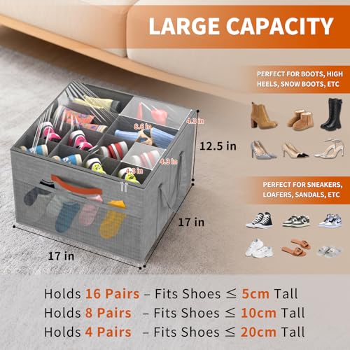 Aokeyee 2 Pack Shoe Organizer for Closet, Foldable Shoe Storage Organizer Box w/Clear Cover and 4 Reinforced Handles, Space Saving Shoes Bin Fits up to 32 Pairs, Grey - color: Grey, size: Fits up to 32 Pairs