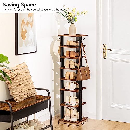 HOOBRO 8 Tiers Vertical Shoe Rack, Wooden Shoe Storage Organizer with Hooks, Narrow Shoe Tower for 8 Pairs, Space Saving, for Entryway, Living Room, Bedroom, Rustic Brown BF07XJ01G1 - color: Rustic Brown, size: 8 Tier (11"W)