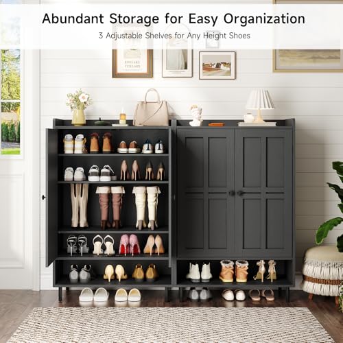 ONBRILL Shoe Cabinet with Cross Molding Doors, 6-Tier Shoe Storage Cabinet with 3 Adjustable Shelves and Metal Legs, 45'' Tall Shoes Rack Organizer Cabinet for Entryway, Front Door, Black - color: Black