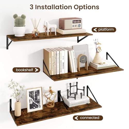 Fun Memories Floating Shelves for Wall, 12 Inch Deep Floating Shelves Set of 2, 16W x 12D Large Wall Shelf with Sturdy Metal Brackets for Living Room, Bathroom, Bedroom and Kitchen, Rustic Brown - color: A-rustic Brown, size: 16"W x 12"D