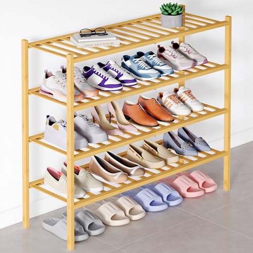 Smiry Bamboo Shoe Rack for Closet, 4 Tier Long Wooden Stackable Shoe Organizer, Free Standing Shoes Storage Shelf for Entryway, Front Door Entrance, Natural - color: Natural, size: 4 Tier - Long
