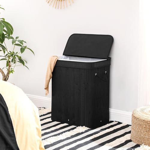 SONGMICS Laundry Hamper with Lid, Bamboo Laundry Basket, Removable Machine Washable Laundry Basket, with Handles, 26.4-Gallons, for Laundry Room, Bedroom, Bathroom, Ink Black ULCB63H - color: Ink Black, size: 100 L