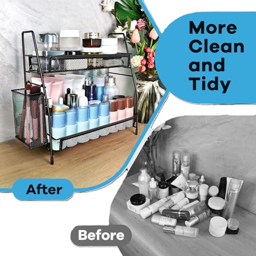 SPISPI Bathroom Organizer Countertop, Spice Rack Organizer for Cabinet,Bathroom Counter Organizer, Kitchen Countertop Organizer - color: Black with Basket, size: 14.17 x 12.72 x 5.55 inches