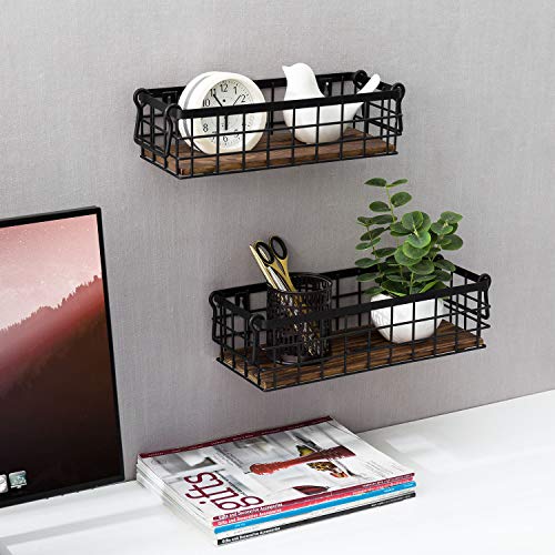 MyGift Set of 2 Black Wire Baskets for Organizing – Storage Baskets/Pantry Baskets for Shelves & Wall - color: Black, Burnt Wood