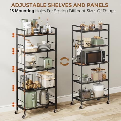 5-Tier Metal Storage Rack with Industrial Wheels,Mesh Shelving Unit with Wooden Table top,Adjustable Shelf,23.6-Inch Width,for Kitchen, Laundry,Pantry,Plant,Black - color: Brown Panel, size: 5 Tier (23.6"W x 11.8"D)