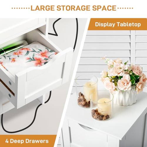 Bonnlo Skinny Bathroom Floor Storage Cabinet,White 12 Inch Wide Deep Small Storage Organizer with 4 Drawers, Wooden Modern Thin Free Standing Tower Cabinet w/ 4 Cute Drawers for Bathroom, Living Room - color: White