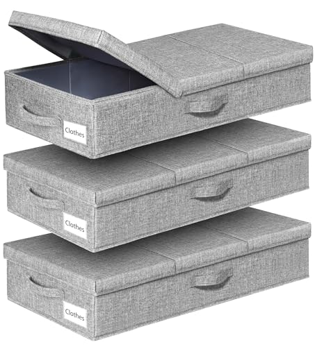 punemi Under Bed Storage Containers, Large Underbed Storage Bags with Firm Sides, Lid and 3 Handles, Flat Storage Organizer for Blankets, Clothes, Comforters, Toys and Closet, 31.1 x 15.7 x 6 in - color: Grey-3 Pack, size: 6 inch Tall