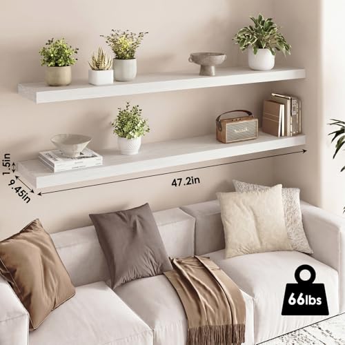 Fixwal Floating Shelves for Wall, 47" Long Heavy Duty Wall Mounted Rustic Wood Shelves for Living Room, Bedroom, Bathroom and Kitchen, for Storage, Books, Room Decor (White, Set of 2) - color: White, size: 47in