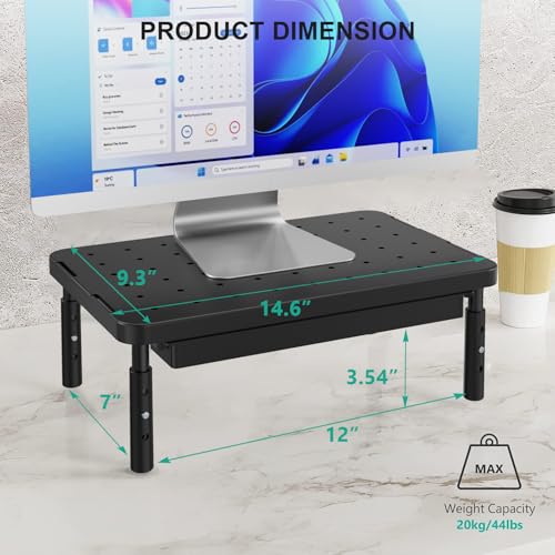 WALI Computer Monitor Stand with Storage, Desk Monitor Riser 3 Height Adjustable, Laptop Riser with Airflow Vents, Desk Organizer for Computer, Laptop, Printer (PTT002-B), 1 Pack, Black - color: Matte Black, size: with Drawer