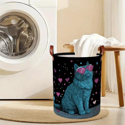 Laundry Basket 15.75 x 15.75 x 19.7 Inch Oxford Fabric Clothes Hamper with Blue Cat in Sunglasses Design Foldable Storage Bin with Handles for Bedroom Bathroom Dorm and Laundry Room Décor - color: Colorful588