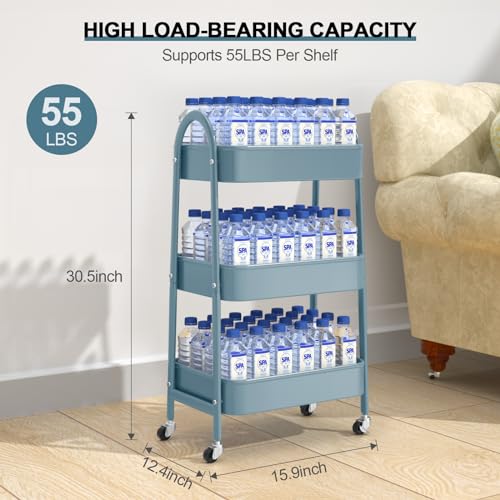 3 Tier Utility Rolling Cart, EAGMAK Metal Storage Cart with Handle and Lockable Wheels, Multifunctional Storage Organizer Trolley with Mesh Baskets for Kitchen, Living Room, Office, Garage (Blue) - color: Blue, size: Normal