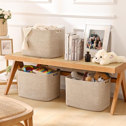 3 Pack Cube Storage Bin, 17”x12”x12” Cotton Rope Woven Baskets for Organizing Toys Clothes Towels, Square Gift Storage Baskets for Shelves, Nursery, Closet, Bathroom, Pantry (Jute) - color: Jute, size: 17" x 12" x 12"