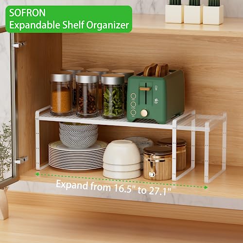 Expandable Cabinet Storage Shelf Stackable Organizer Rack for Kitchen Bathroom Pantry Spice Cupboard Coffee Countertop Home Office Desk Heavy Duty Nonslip White Large 3 Packs - color: White 3 Packs, size: Large - 10.2"W x (16.5"-27.1")L x 9.8"H