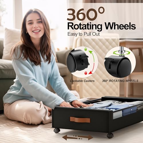 LAMU Under Bed Storage with Wheels, 4 Pack Under Bed Storage Containers with Clear Lid, XXL 60L Underbed Storage Bins, Rolling Under Bed Metal Drawers for Clothes, Blankets, Shoes, Black - color: Black, size: 4 Pack