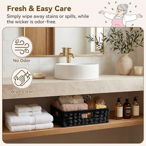 GRANNY SAYS Wicker Storage Baskets for Shelves, Wicker Basket for Organizing, Shallow Basket, Woven Baskets for Pantry Storage, Black, 1-Pack - color: Black, size: 15¼"L x 11¾"W x 4¾"H