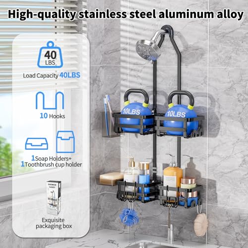 GAOKASE Aluminum Shower Caddy Hanging, Never Rust Shower Organizer- 4 Levels with adjustable Height 10 Hooks for Razor/Sponge - Rack with Soap Basket (Black-1) - color: Black-1
