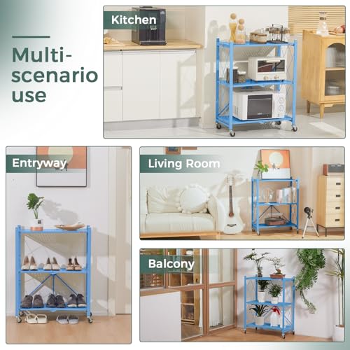 DEANIC 3 Tier Foldable Storage Shelves with Wheels, Kitchen Appliance Stand, Freestanding Metal Wire Shelf Rack, No Assembly Organizer Rolling Cart for Garage, Basement, Pantry(Blue) - color: Blue