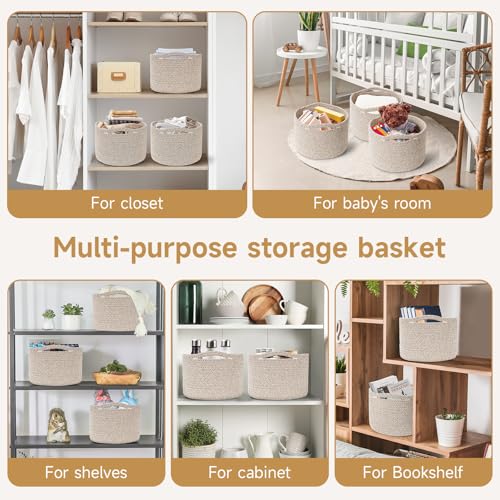 Small Rope Baskets for Storage, Baskets for Gifts Empty, Cute Round Woven Basket, Decorative Shelf Baskets 9.82×9.82×7.1", Cotton Toy Basket Storage Bins for Organizer 3 Packs-Brown - color: Brown-3PCS