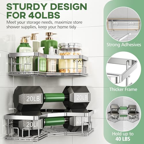 MAXIFFE 3 Pack X-Large Corner Shower Caddy with Soap Holder, Large Capacity Easy Install No Drilling Stainless Steel Sturdy Hold 40 LB Shower Organizer Shelves Rack for Family Renters Bathroom, Silver - color: Silver XL