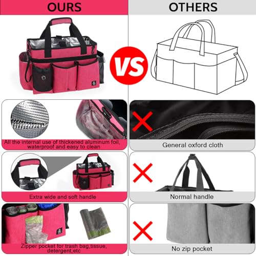Large Cleaning Caddy Bag Built-in Sturdy Support Board, Cleaning Organizer with Detachable Divider, Cleaning Supply Tote with Adjustable Shoulder Strap&Waist Belt for Cleaners & Housekeeper - color: Rose Red