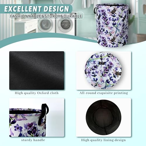 Dragonfly Laundry Basket Foldable With Handles Purple Floral Tote Bag Oxford Cloth Colorful Laundry Hamper Clothes Storage Bucket Toy Organizer For Bathroom/Laundry/Bedroom 18.9" x 16.5 " - color: Dragonfly and Purple Flowers